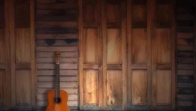 guitar leaning against wooden wall