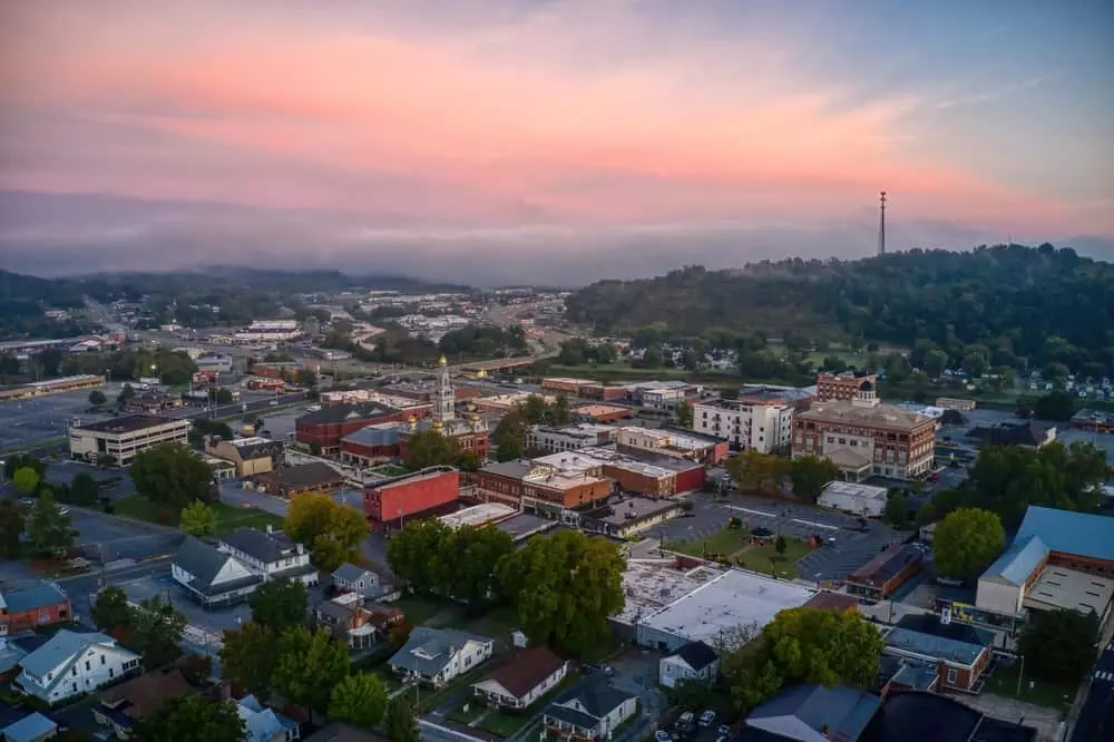Aerial view of downtown Sevierville, TN at dusk