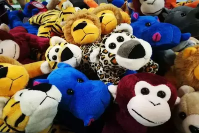 tiger, monkey, leopard, hippo, and lion stuffed animals