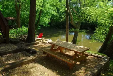 Picnic table outside of our Gatlinburg cabins on the river.