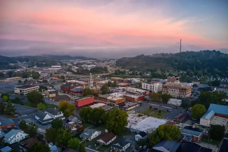 Aerial view of downtown Sevierville, TN at dusk