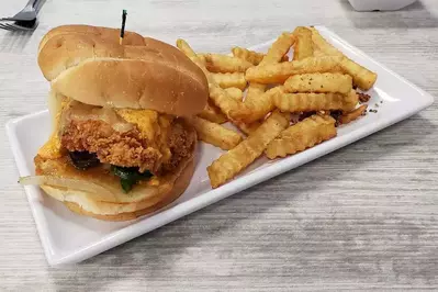 chicken sandwich and fries at cookie dough monster