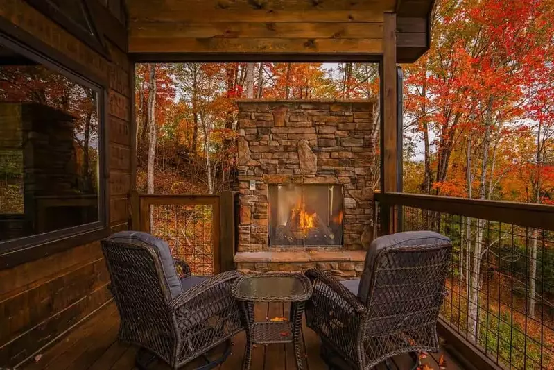 cove mountain comfort fireplace outside in fall