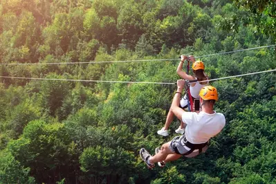 people ziplining in the mountains