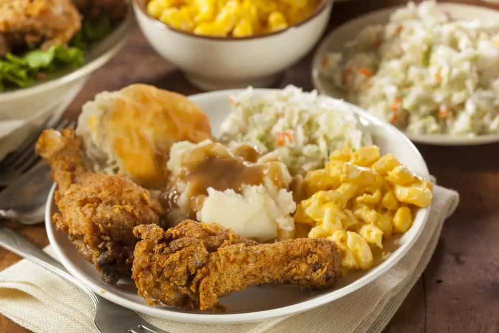 fried chicken, mashed potatoes, gravy, mac and cheese, biscuit, coleslaw