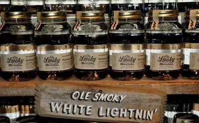 Jars of moonshine at the Ole Smoky distillery in Gatlinburg TN.
