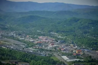 Beautiful aerial view of Pigeon Forge and the mountains.
