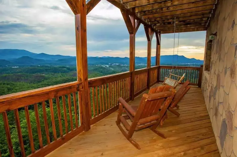 Beautiful mountain views from the deck of the Lookout Lodge cabin.