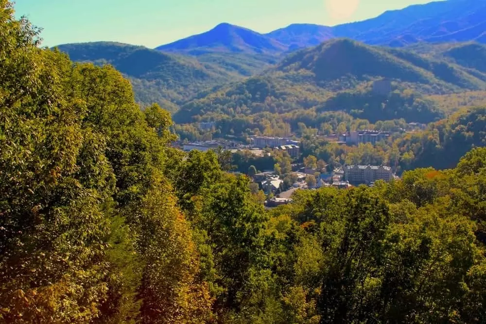 The city of Gatlinburg surrounded by the mountains.