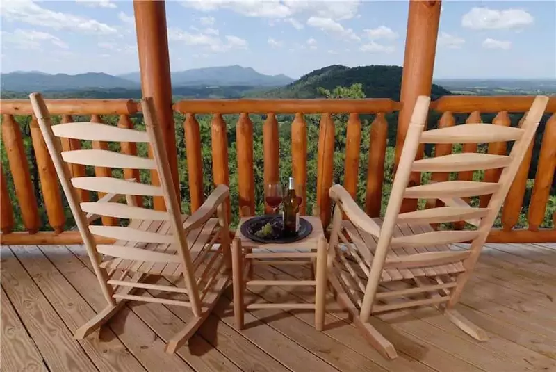 Rocking chairs on the deck of High On The View, one of the best cabins in the Smokies for rent.