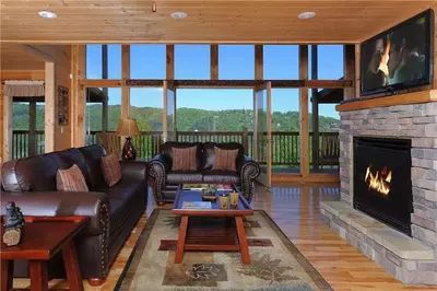 The stunning living room of the Gatlinburg Views cabin.