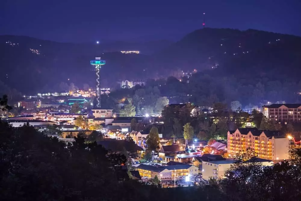 A photo of downtown Gatlinburg at night.