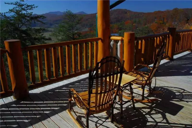The deck of Lodge-Mahal, one of our Smoky Mountain vacation cabins.