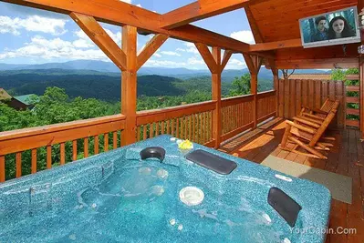 The deck of Majestic Mountain Escape, one of our great honeymoon cabins in Pigeon Forge.