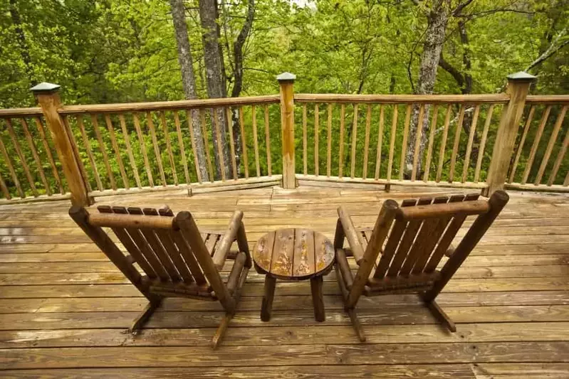 patio furniture on a cabin