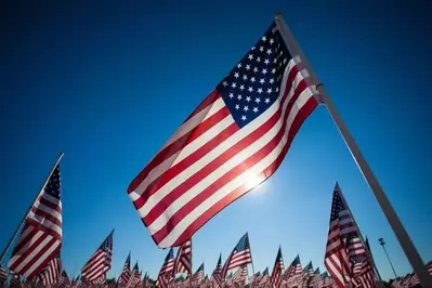 American flags blowing in the wind