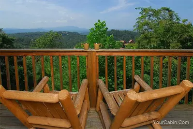 Cabin porch with rocking chairs and mugs looking at the mountains