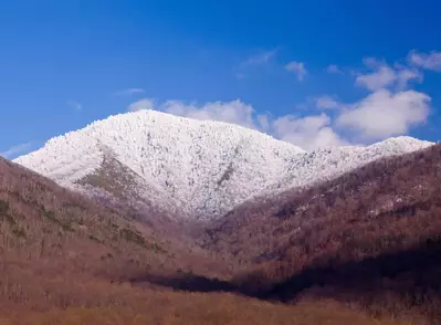 Famous Smoky Mountain view of Mount Leconte covered in snow in early spring
