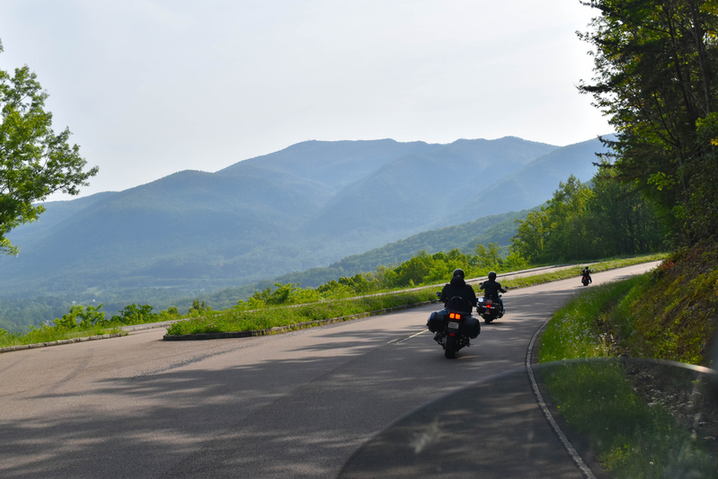Motorcycles riding through the smoky mountains