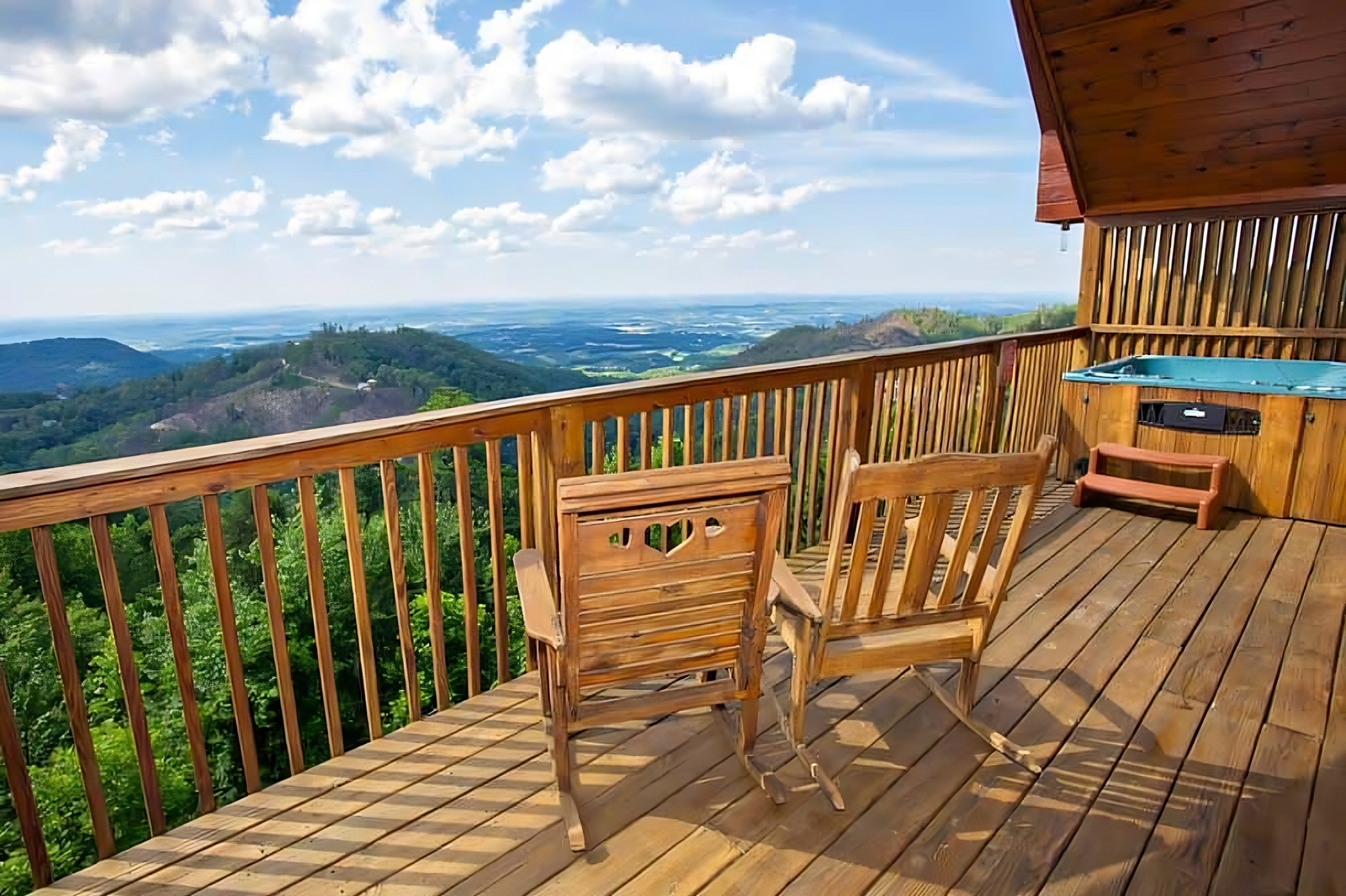 Beautiful mountain views from the deck of a honeymoon cabin in Gatlinburg.