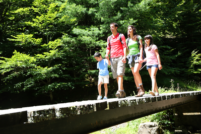 A family hiking in the forest.