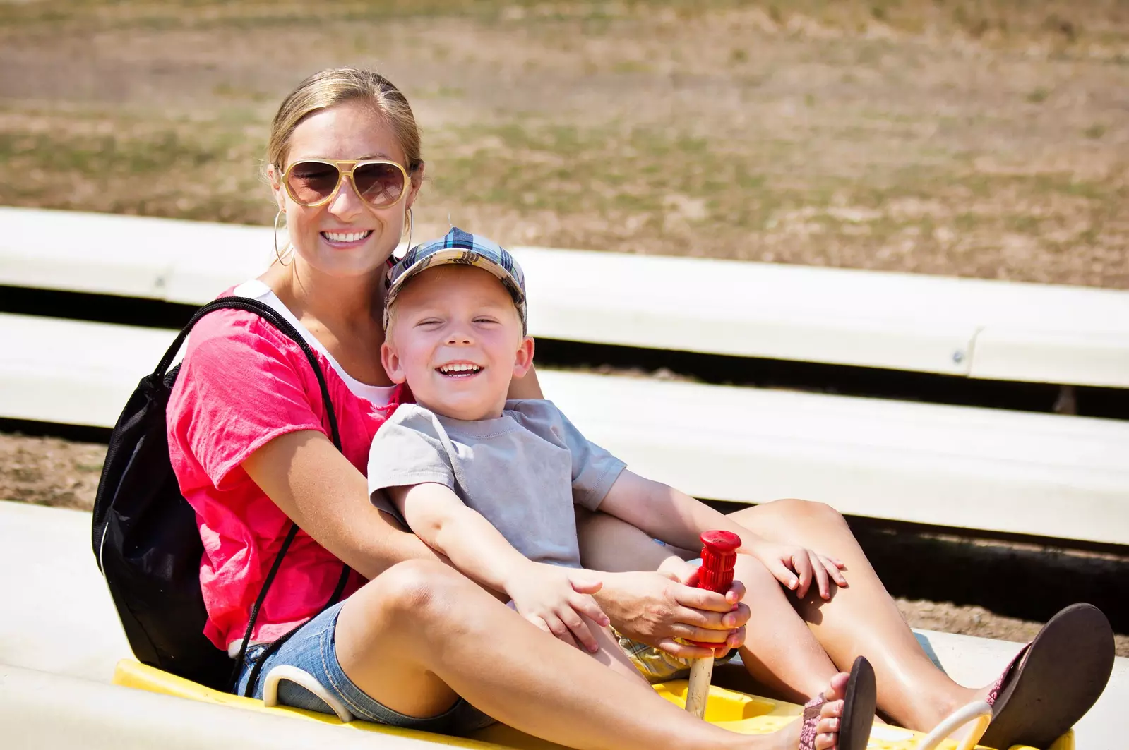 Mom and son on a coaster ride