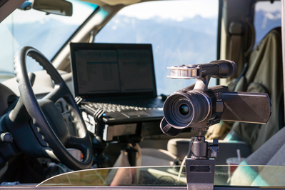 A camera and a laptop in a surveillance van at Alcatraz East Crime Museum